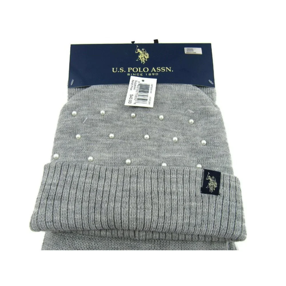 U.S. Polo Assn. Women's Simulated Pearls Knit Hat & Scarf Set Gray One Size New